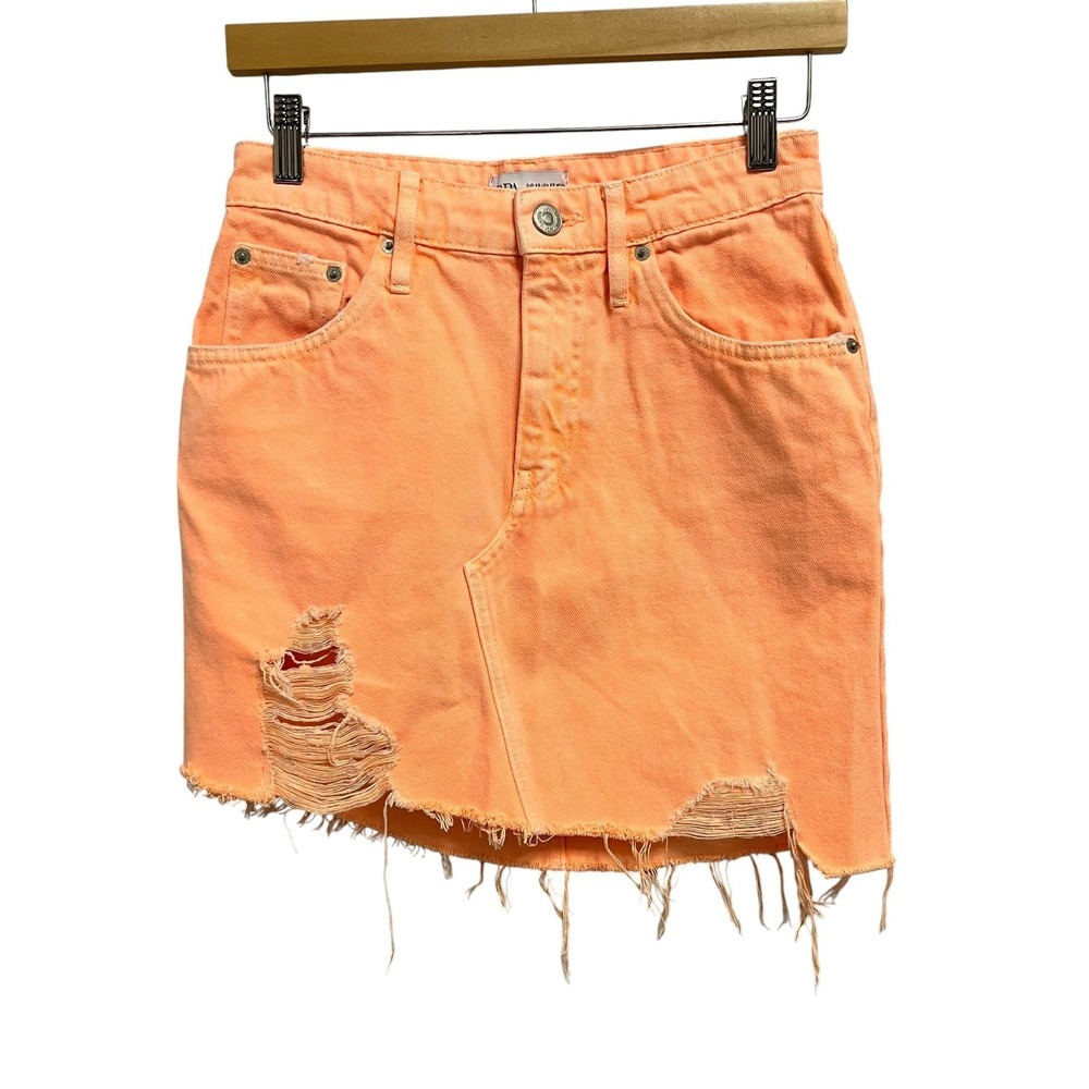 Zara Denim Skirt Womens XS Orange Asymmetric Distressed Raw Hem Mini Neon Edgy